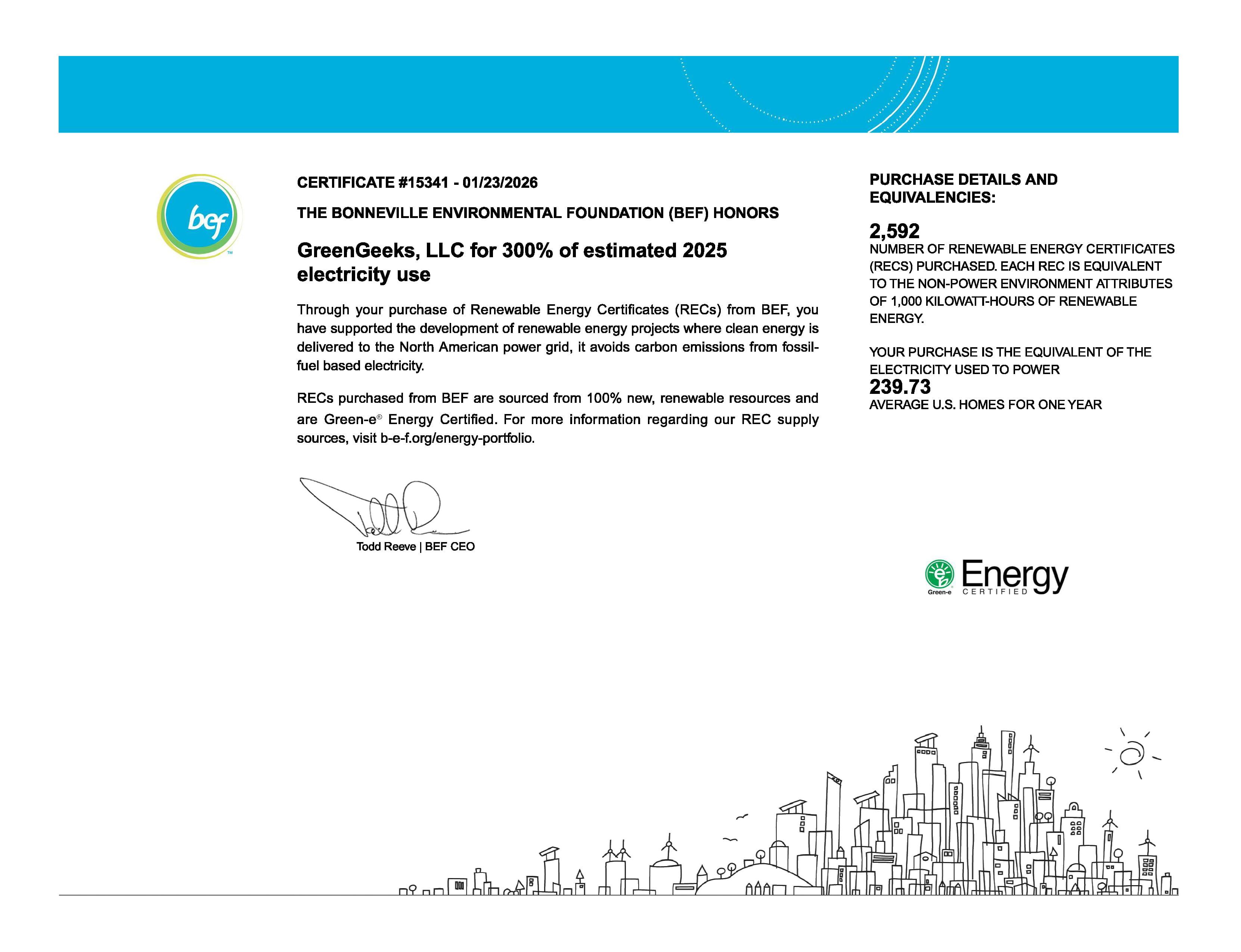 GreenGeeks Renewable Energy Certificate issued by the Bonneville Environmental Foundation