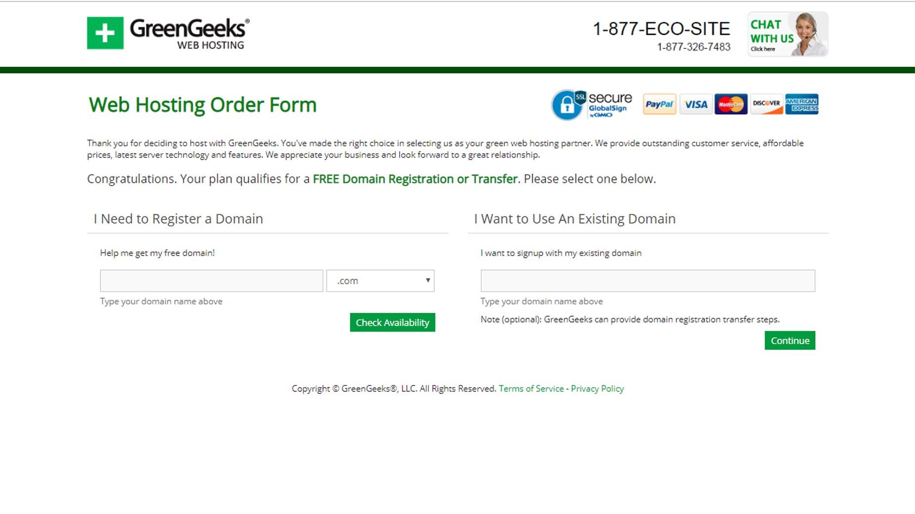 Enter desired domain on GreenGeeks signup