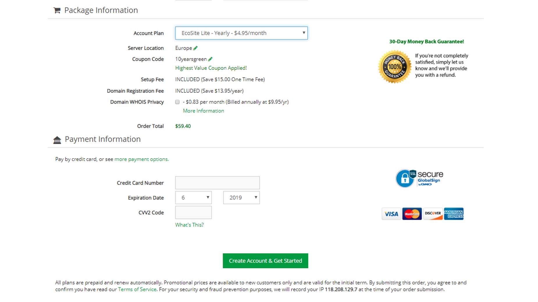 Choose billing term, server location and privacy