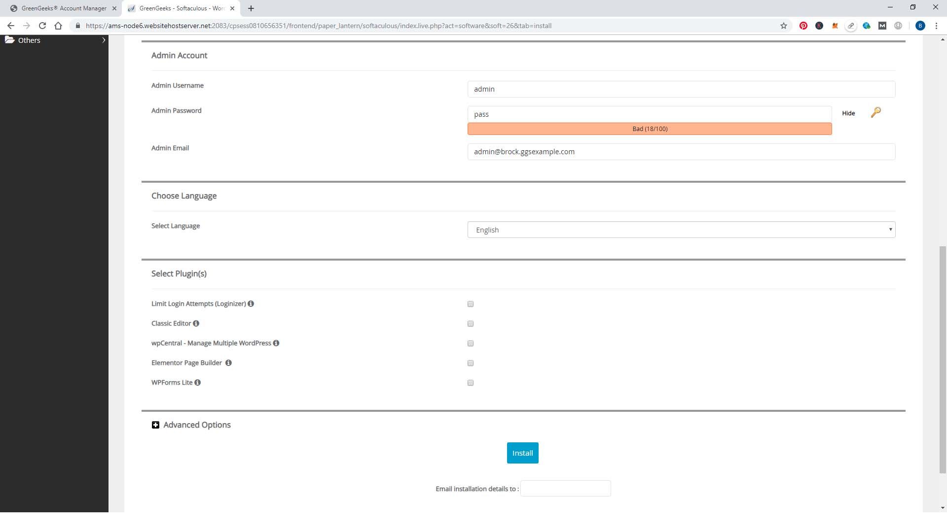 WordPress install Admin Account section