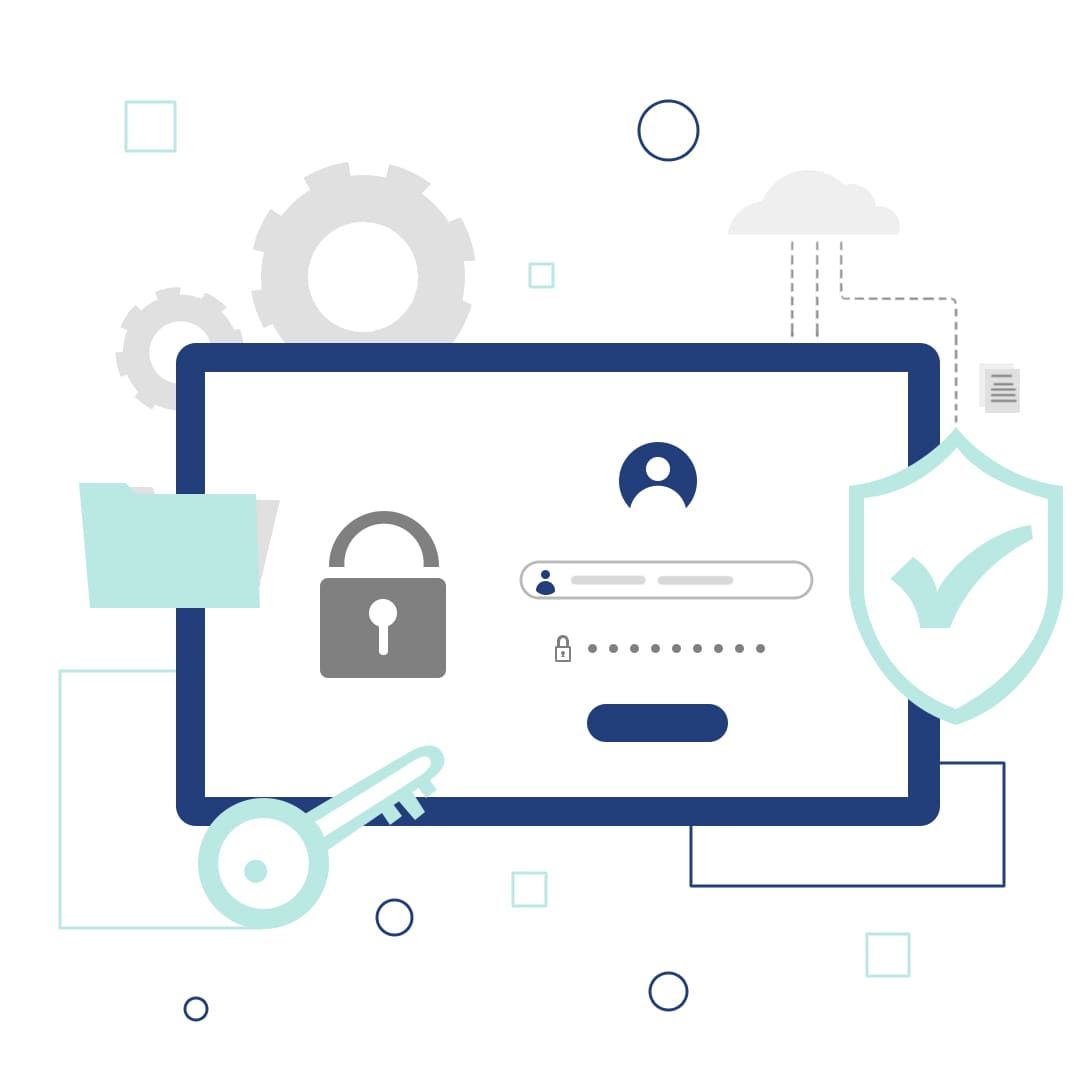 Illustration of a secure login screen with a padlock, key, and verification shield.