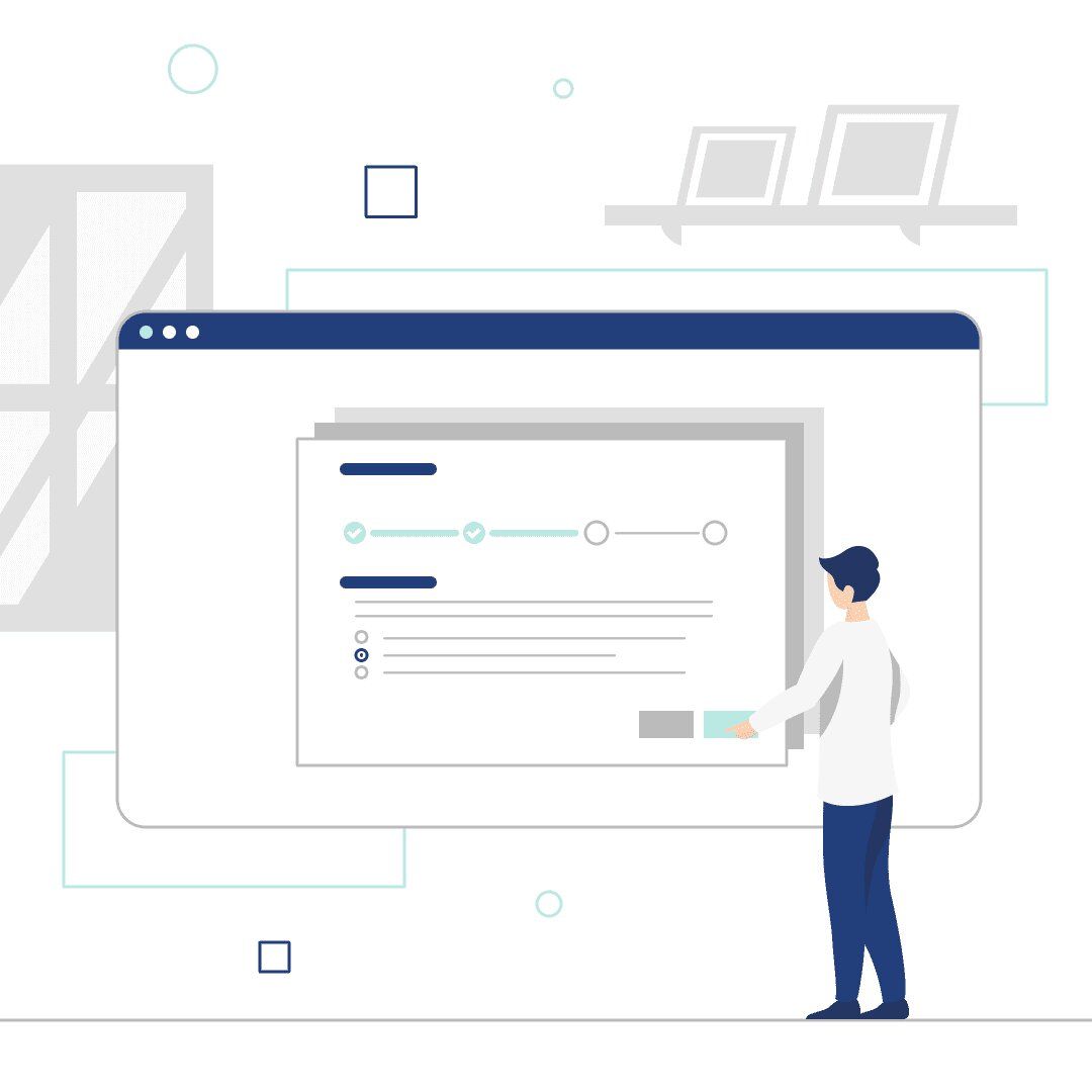 Illustration of a person interacting with an online onboarding form on a large screen.