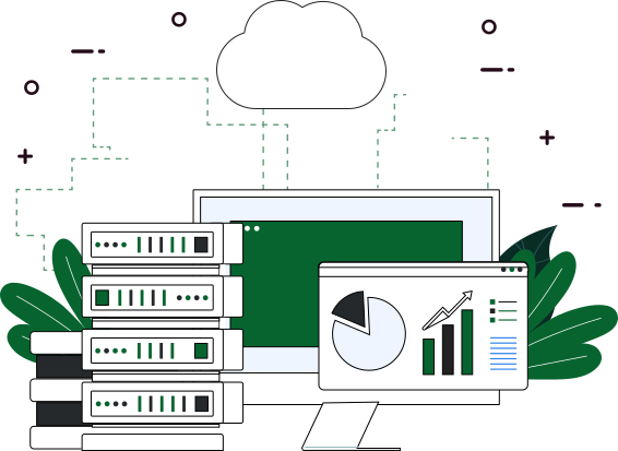 Illustration of a cloud computing concept. Features servers, a computer monitor with charts and graphs, and a cloud icon, representing data management and analytics.