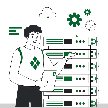 A person managing servers, holding a tablet and pointing at server racks, with icons of gears and a cloud in the background.