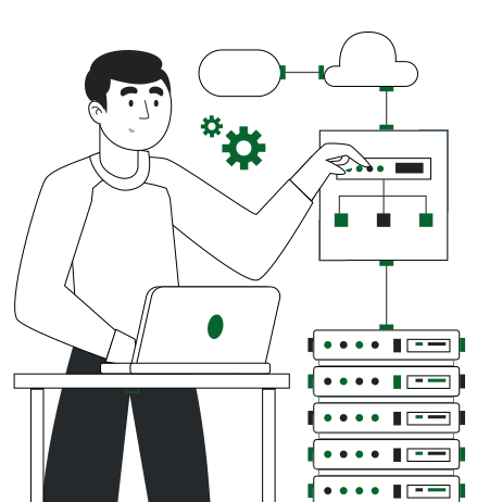 A person working on a laptop, interacting with a server and a cloud-based network diagram.
