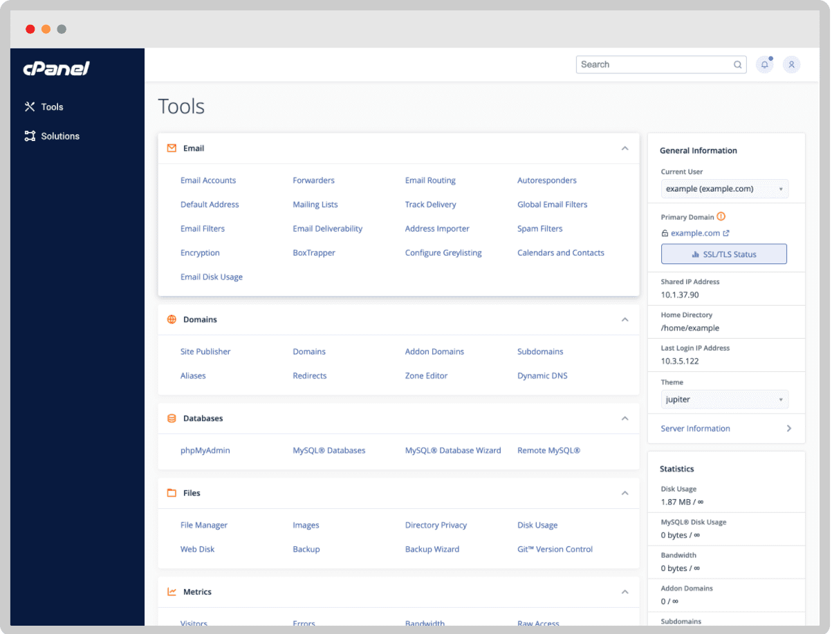 Screenshot of the cPanel interface with tool categories such as Email, Domains, Databases, Files, Metrics, and general server information.