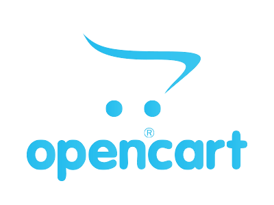 OpenCart logo – blue shopping cart icon with the word 'opencart' in lowercase letters