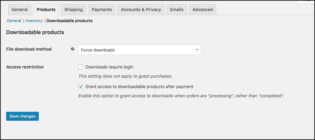 Downloadable woocommerce product settings