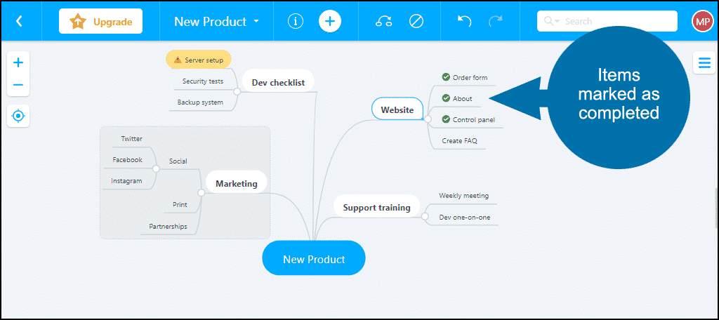mind mapping application demo, completed checkmarks
