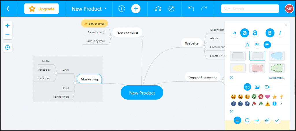 mind mapping application demo, highlighting nodes