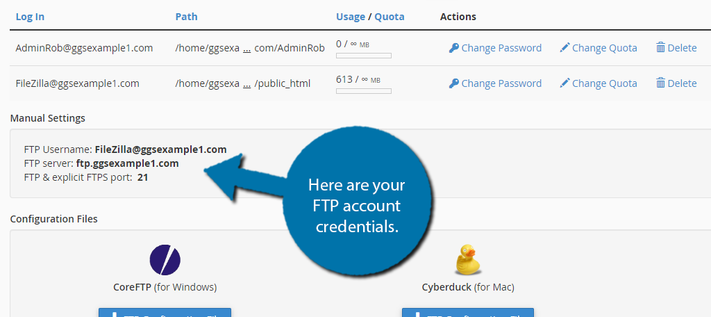 FTP Credentials for FileZilla