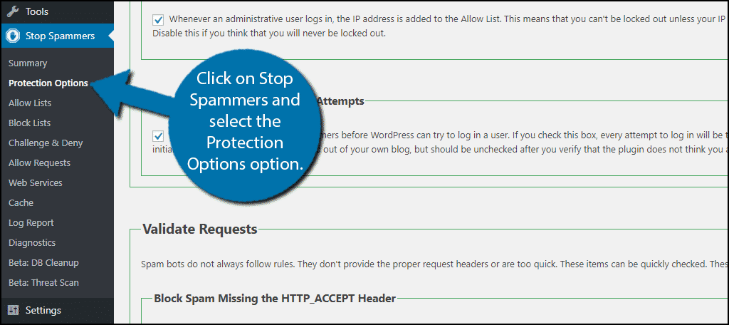 Click on Stop Spammers and select the Protection Options option.