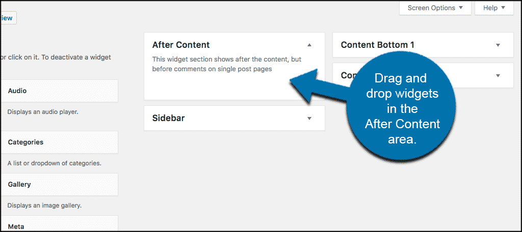 Drag and drop widgets in after content area