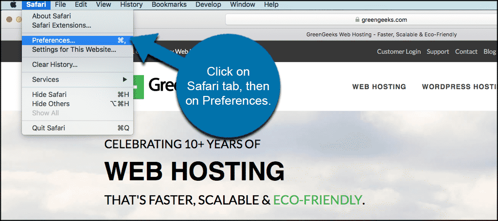 Click the safari tab then click preferences to clear Safari browser cache