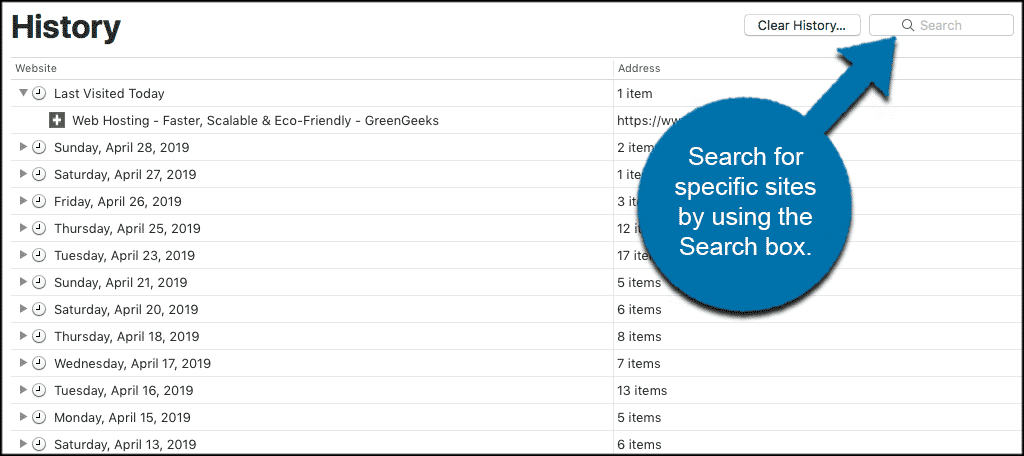 Search for specific sites by using the search box