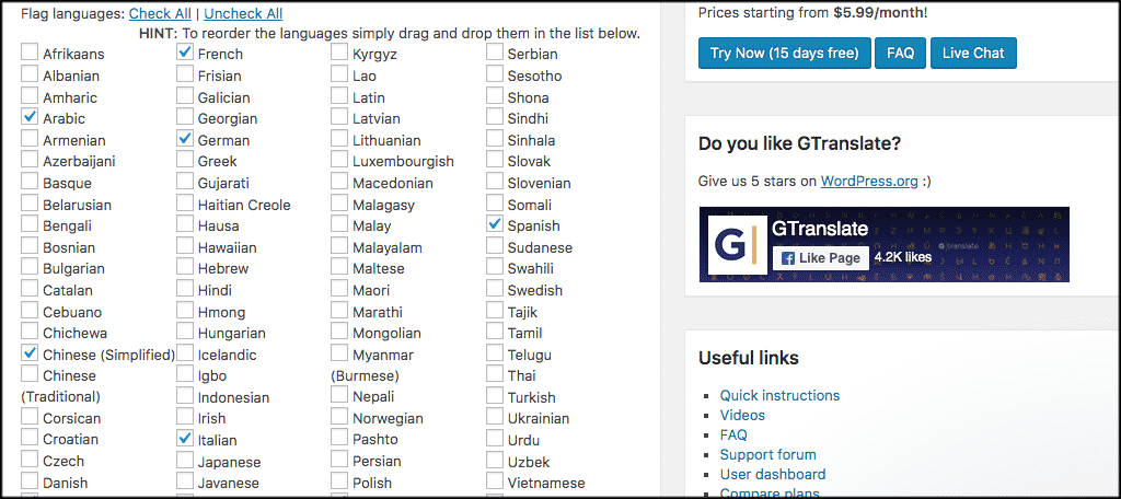 Language checkbox options