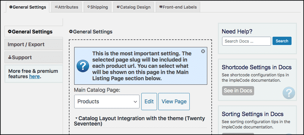 wordpress product catalog general settings