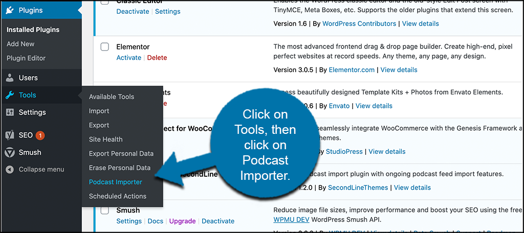 Click tools then podcast importer