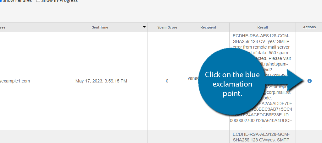 Track the email delivery status by clicking on the blue exclamation point
