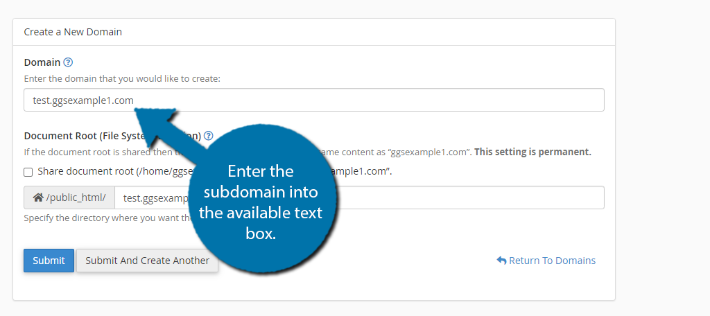Enter the Subdomain name you wish to create in cPanel