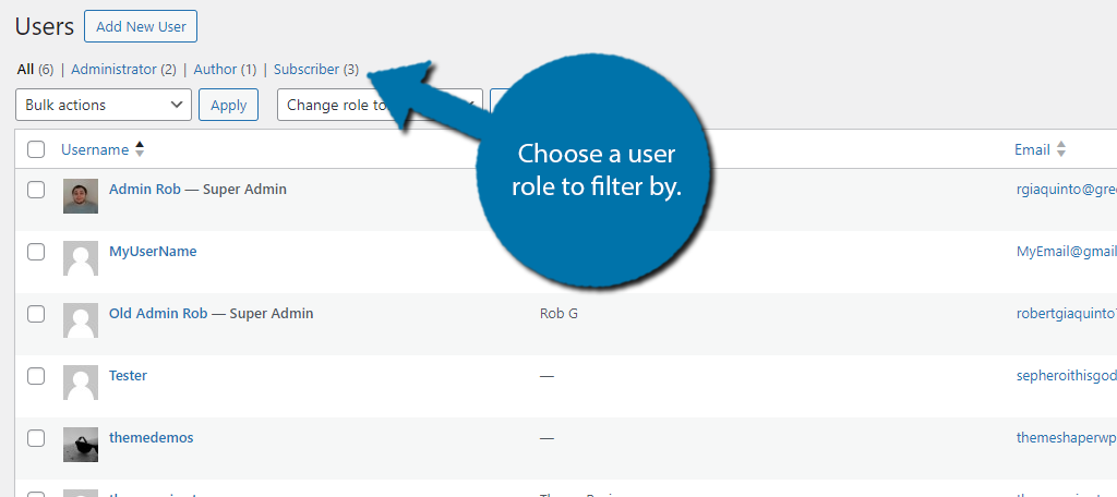 Choose a user role to filter by