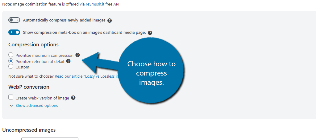 Choose Compression options when you optimize images in WordPress