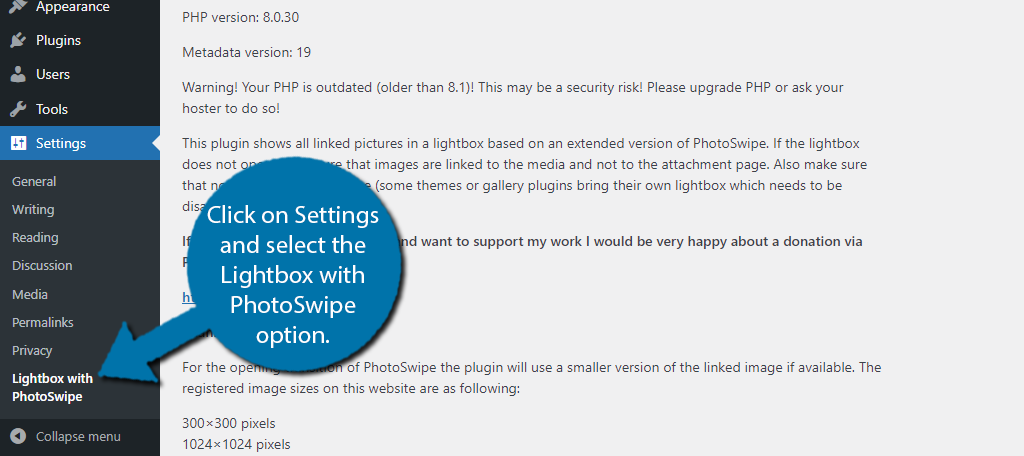 Settings Lightbox with Photoswipe in WordPress