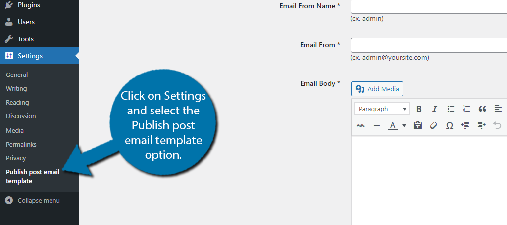 Settings Publish post email template