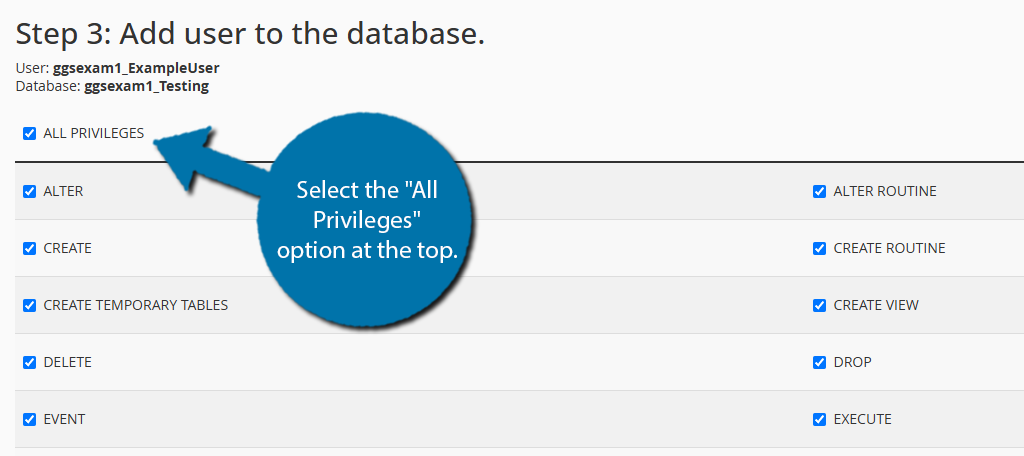 Set Privileges for MySQL Database